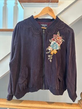Johnny Was dark plum boho Embroidered Floral silk Bomber Jacket size PXL